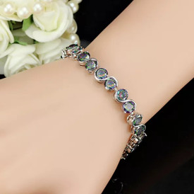 925 Mystic Fire Round S Shape Topaz Gemstone Tennis Bracelet Adjustable UK