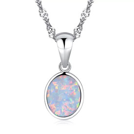 Classic 925 White Fire Opal Oval Pendant Necklace 18" Sterling Silver UK +Bag