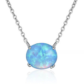 Lovely 925 Blue Fire Opal Oval Pendant Necklace 18" Sterling Silver UK +Bag