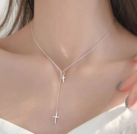 925 Sterling Silver Double Cross Necklace Pendant Chain Crucifix + Bag Womens