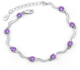 925 Sterling Silver Classic Purple CZ Bracelet 17cm + 3cm Womens/Ladies  + Bag