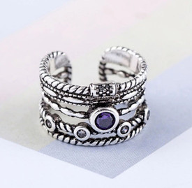 Vintage Boho Wrap Ring Purple Stone 925 Sterling Silver Adjustable Open Finger