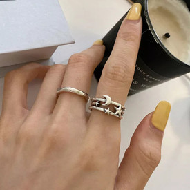 Beautiful Moon Stars Statement Ring Sterling Silver Finger Adjustable + Bag
