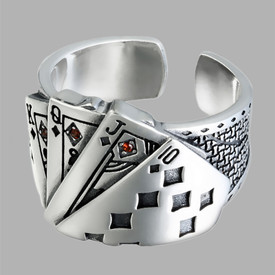 Playing Cards Ring Sterling Silver Plated Adjustable Wrap Finger + Bag