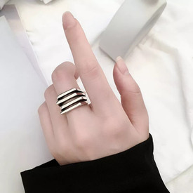 Geometric Square 4 Line Band Ring Sterling Silver Plated Chunky Adjustable + Bag
