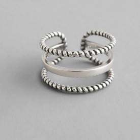 Triple Band Bead Ring Adjustable Sterling Silver Plated Finger +Bag