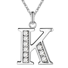 Letter K Pendant Chain Necklace Crystal 925 Sterling Silver Plated + Bag