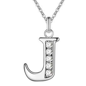 Letter J Pendant Chain Necklace Crystal 925 Sterling Silver Plated + Bag