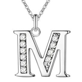 Letter M Pendant Chain Necklace Crystal 925 Sterling Silver Plated + Bag