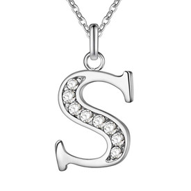 Letter S Pendant Chain Necklace Crystal 925 Sterling Silver Plated + Bag