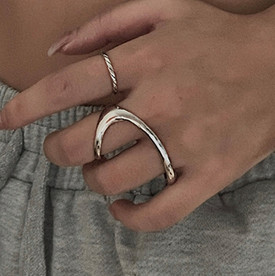 2 Finger Irregular Abstract Geometric Ring Silver Plated Adjustable