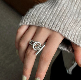 Chunky Chain T Bar Ring Sterling Silver Plated, Ring For Woman Adjustable Open B