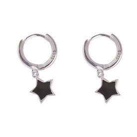 Silver Black Star Huggie Dangle Earrings, Sterling Silver Plated Hoop Earrings,