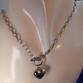 Silver Chunky Love Heart Pendant Necklace Chain 18" Adjustable