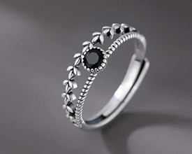 Black Onyx Silver Leaf Ring ,Adjust Ring For Women, Gemstone Ring