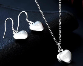 Chunky Heart Silver Set Pendant Necklace + Drop Earrings 45cm Chain + Bag