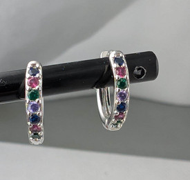 Rainbow Crystal Earrings, Hoop Huggie Dangle Silver Earrings, Cubic Zirconia
