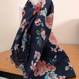 Blue Floral Scarf, Women's Head Neck Scarf, Pink Roses Scarves, Gift For Her