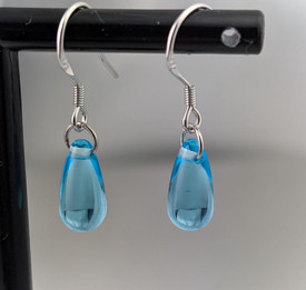 Aquamarine Blue Tear Drop Glass Earrings, Silver Blue Stone Crystal Dangle + Bag