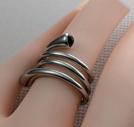 Chunky Silver Spiral Circle Ring, Black Ends Ring, Adjustable Statement Ring Ope