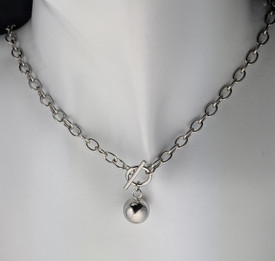 Chunky Round Ball Pendant Necklace T Bar Silver Plated 18" Chain