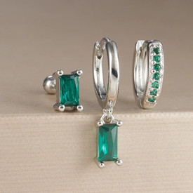 Emerald Green Set 3 Silver Huggies/Hoops/Sleepers Dangle Silver Plated
