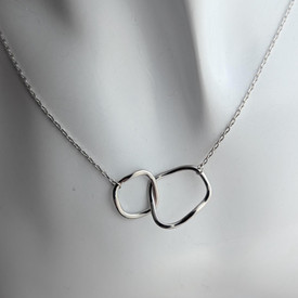 Double Oval Silver Pendant Necklace, Molten Liquid Irregular Lava Circles Neckla