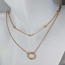 Layered Beads & Circle Gold Necklace, Double Link Pendant Chain Gold Plated