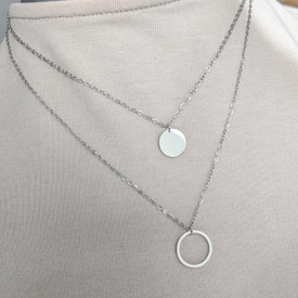 Double Pendant Necklace, Circle & Disc Layered Necklace Stainless Steel, 18" UK