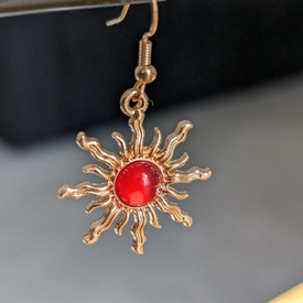 Red Sun Drop Dangle Earrings Gold Plated, Celestial Earrings UK