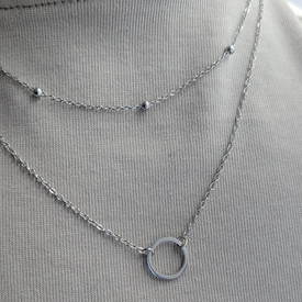 Circle & Beads Layered Necklace Stainless Steel,Beads Circle Double Pendant 18"