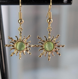 Sun Drop Dangle Earrings Green Gold Plated, Celestial Earrings,