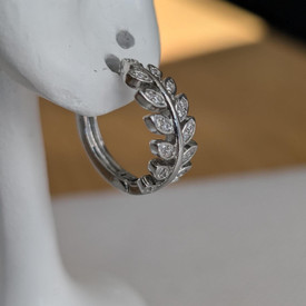 Silver Leaf Feather Hoop Crystal Earrings, Huggie Dangle Earrings Cubic Zirconia