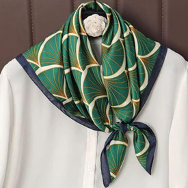 Emerald Green Gold Silk Hair Scarf Tie 75 x 75cm, Geometric Bandana Neck Scarf