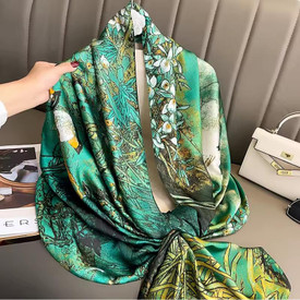 Emerald Green Gold Silk Scarf Exotic Birds,Shawl Hijab, Women's Head Neck Scarf