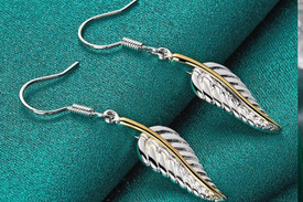 925 Sterling Silver Plated Leaf/Feather Drop Dangle Earrings + Gold Band UK