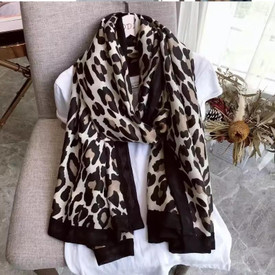 Leopard Print Silk Scarf Cream, Large Shawl Hijab, Women's Head