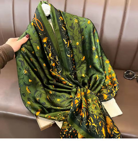 Green Silk Scarf Exotic Birds, Large Shawl Hijab, Women's Head Neck Scarf,