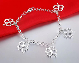 4 Leaf Clover Pendant Link Silver Bracelet + Extender