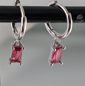 Ruby Red Hoop Huggie Dangle Earrings Sterling Silver Plated CZ