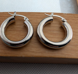Shiny Chunky Round Hollow Hoop Earrings Sleepers Sterling Silver Plated 25mm