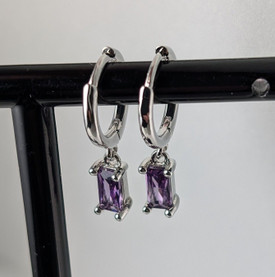 Amethyst Crystal Hoop Huggie Dangle Silver Earrings, Cubic Zirconia Crystal +Bag