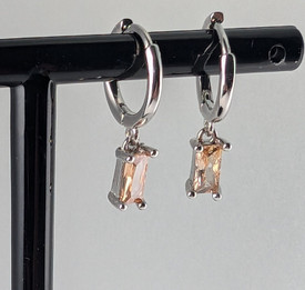 Champagne Crystal Hoop Huggie Dangle Silver Earrings, Cubic Zirconia Crystal +Ba