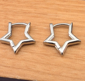 Silver Star Hoop Huggie Sleeper Earrings, Sterling Silver Plated +Bag