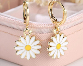 Daisy Flower Drop Dangle Gold Plated Earrings, Hoop Huggie Sleeper Earrings UK