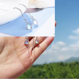 925 Silver Moonstone Tear Drop Earrings Long Chain Thread + Bag