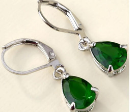 Green Emerald Tear Drop Dangle Pear Earrings Silver Plated UK + Bag