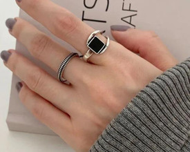 Black Onyx Stone Silver Ring Set Silver, Cubic Zirconia Ring, Adust Ring Women