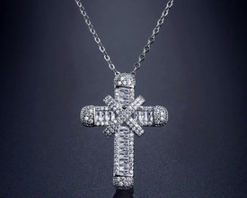 925 Sterling Silver Plated Crystal Cross Necklace Pendant Chain Jesus + Bag