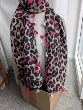 Leopard Animal Print Scarf Dark Brown + Red/PinkTassels ,Winter Animal Print Sca